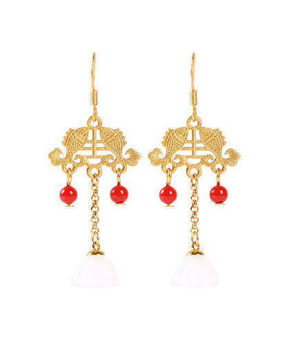 Regular Ancient Gold Inlaid Jade Gem Stone Lotus Flower Tassel Drop Earrings KX1078 Ada Fashion