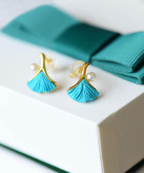 Regular Blue Sterling Silver Overgild Inlaid Pearl Turquoise Ginkgo Leaves Stud Earrings ET030 ABC