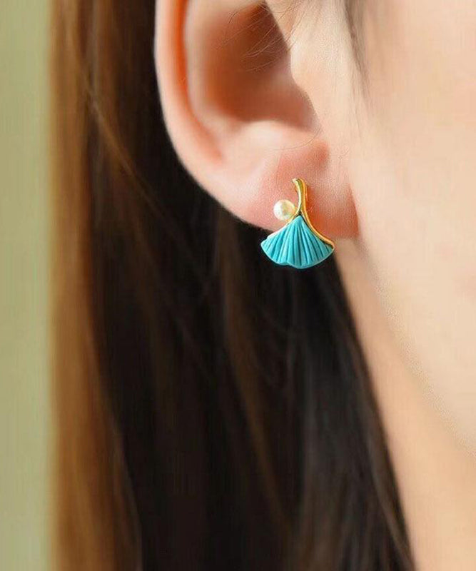 Regular Blue Sterling Silver Overgild Inlaid Pearl Turquoise Ginkgo Leaves Stud Earrings ET030 ABC