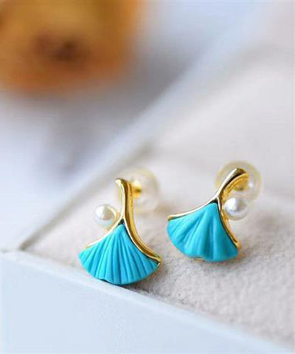 Regular Blue Sterling Silver Overgild Inlaid Pearl Turquoise Ginkgo Leaves Stud Earrings ET030 ABC