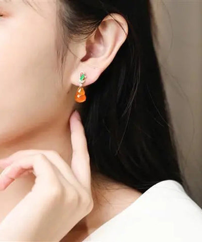 Regular Orange Sterling Silver Overgild Zircon Jade Gourd Drop Earrings AC1038 Genistyle Shop