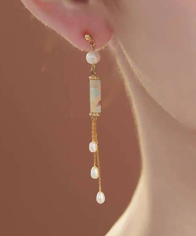 Regular White Sterling Silver Overgild Pearl Tassel Drop Earrings QI072 JEW-EAR240928