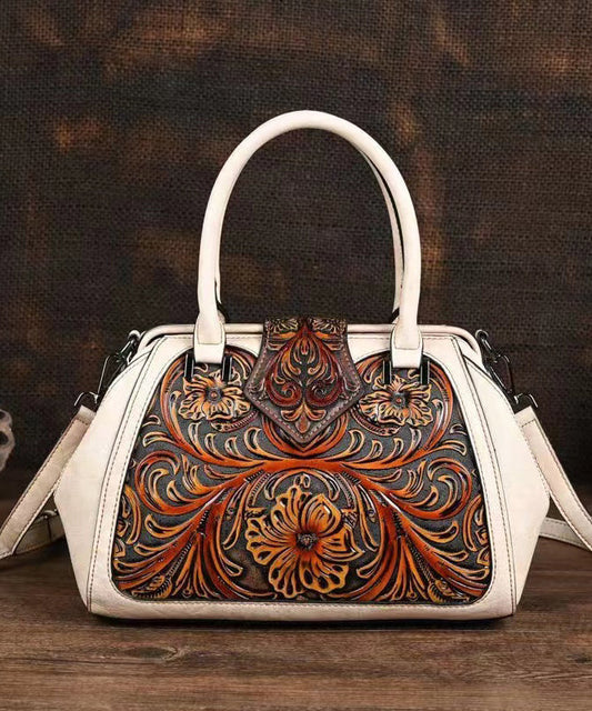 Retro Apricot Colored Cowhide Handmade Carved Handbag HJ1004 Ada Fashion