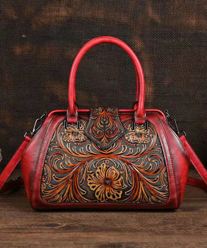 Retro Apricot Colored Cowhide Handmade Carved Handbag HJ1004 Ada Fashion