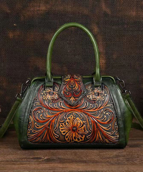 Retro Apricot Colored Cowhide Handmade Carved Handbag HJ1004 Ada Fashion
