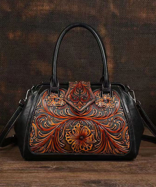 Retro Apricot Colored Cowhide Handmade Carved Handbag HJ1004 Ada Fashion