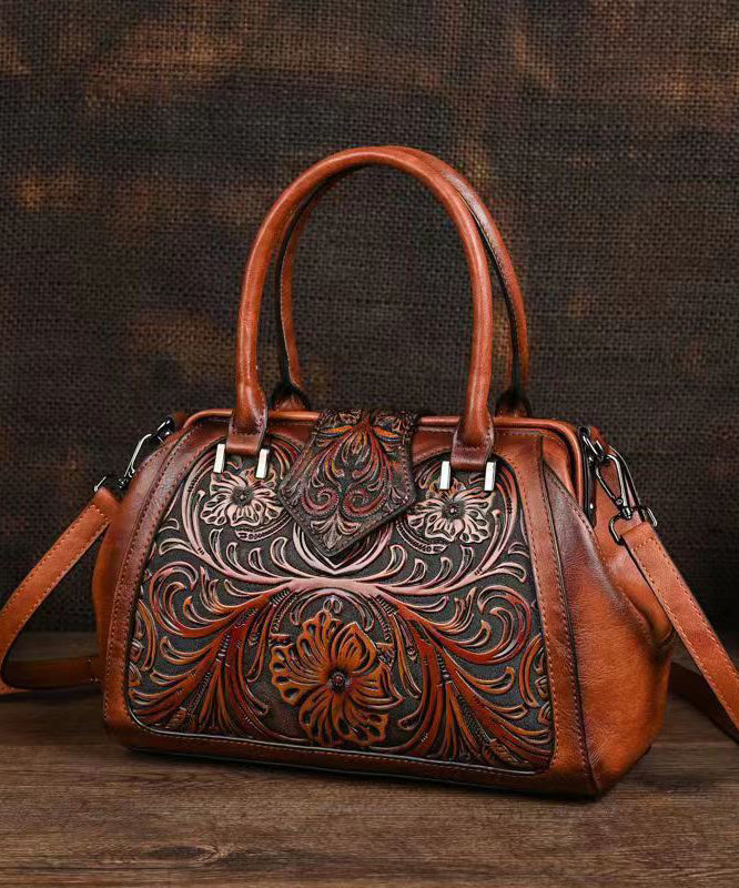 Retro Apricot Colored Cowhide Handmade Carved Handbag HJ1004 Ada Fashion