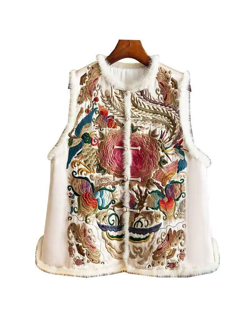 Retro Apricot Embroideried Patchwork Fine Cotton Filled Vest Sleeveless TQ014 ABC