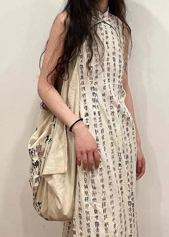 Retro Beige Stand Collar Print Side Open Cotton Dress Sleeveless WW1029 Ada Fashion