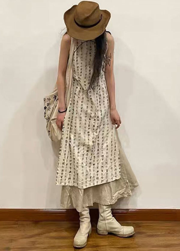 Retro Beige Stand Collar Print Side Open Cotton Dress Sleeveless WW1029 Ada Fashion