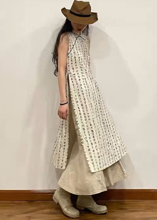 Retro Beige Stand Collar Print Side Open Cotton Dress Sleeveless WW1029 Ada Fashion