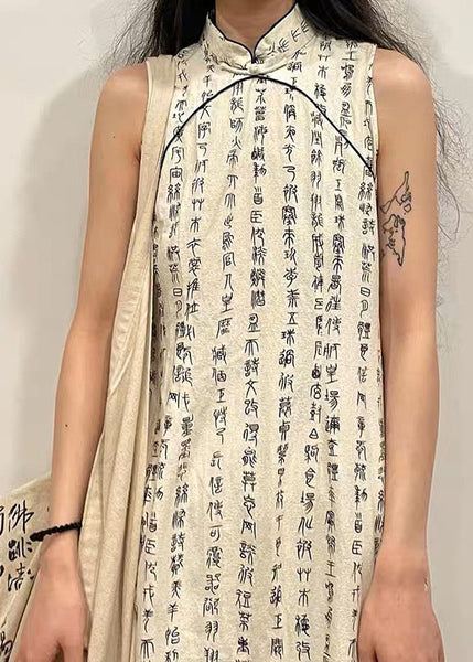 Retro Beige Stand Collar Print Side Open Cotton Dress Sleeveless WW1029 Ada Fashion