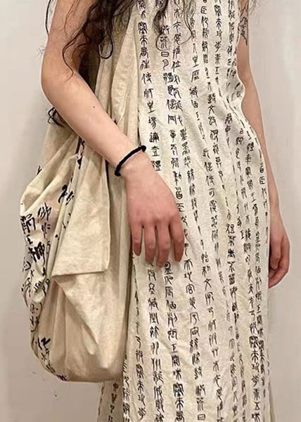 Retro Beige Stand Collar Print Side Open Cotton Dress Sleeveless WW1029 Ada Fashion