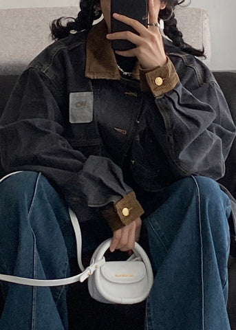 Denim Spring Pockets Mens Retro Button Black Coats Patchwork FashionChic