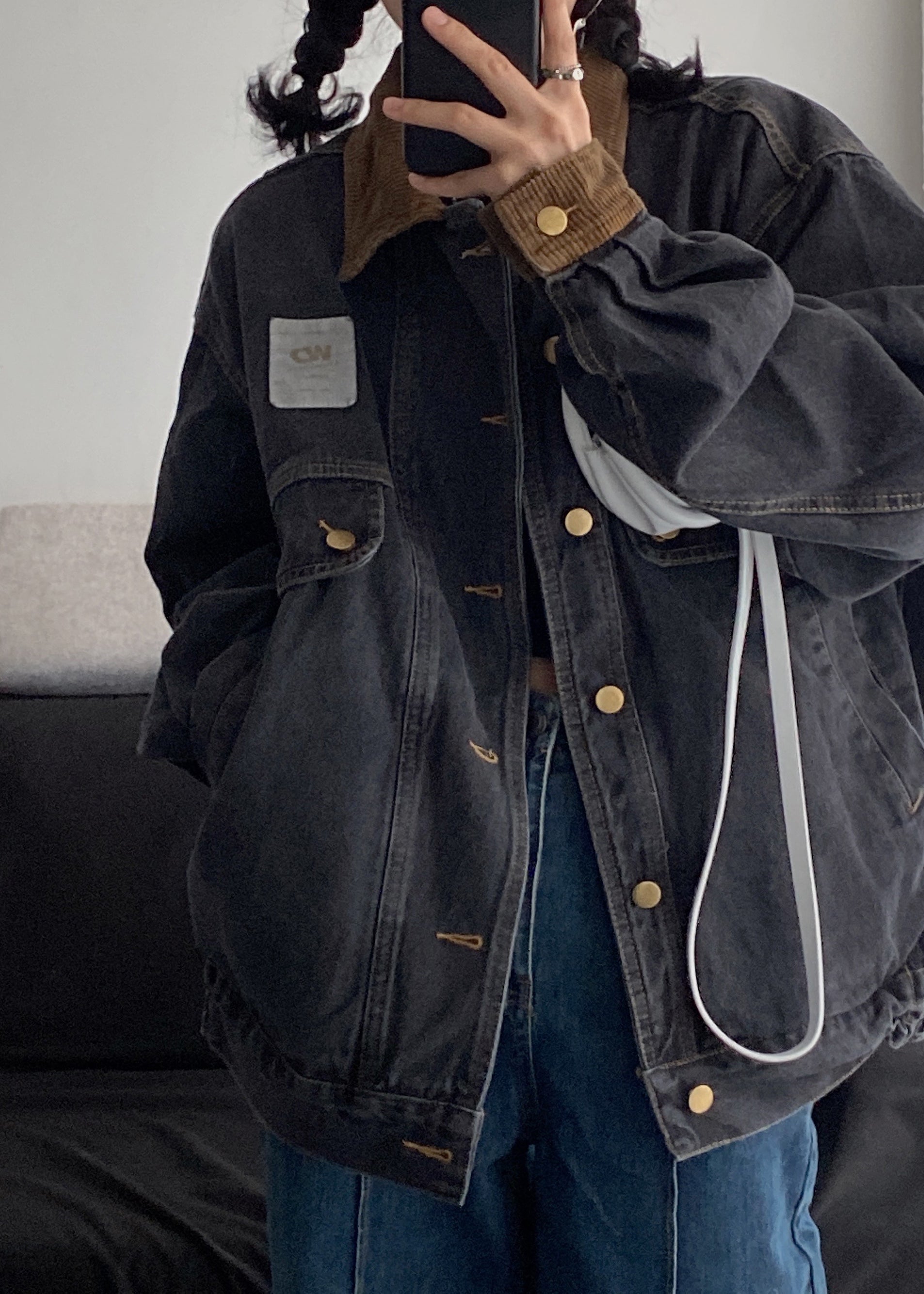 Denim Spring Pockets Mens Retro Button Black Coats Patchwork FashionChic