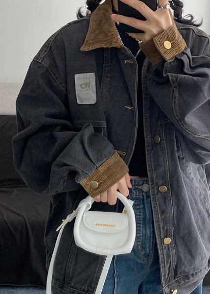 Denim Spring Pockets Mens Retro Button Black Coats Patchwork FashionChic