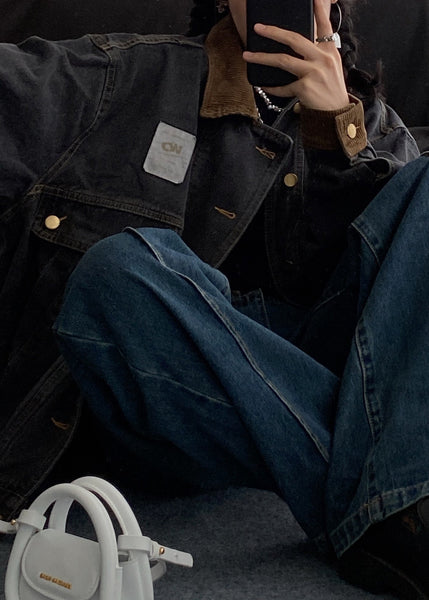 Denim Spring Pockets Mens Retro Button Black Coats Patchwork FashionChic