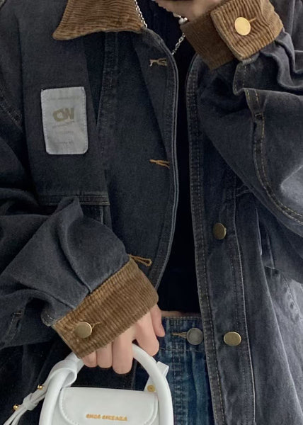 Denim Spring Pockets Mens Retro Button Black Coats Patchwork FashionChic