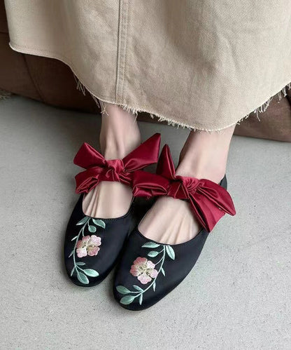 Retro Black Embroidery Satin Bow Lace Up Flats Shoes KJ064 Shoe-PDX240714