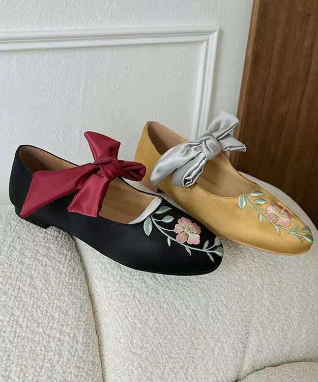 Retro Black Embroidery Satin Bow Lace Up Flats Shoes KJ064 Shoe-PDX240714