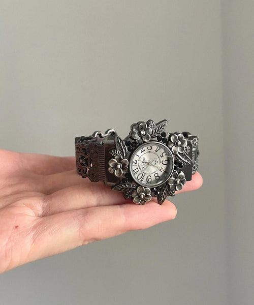 Retro Out Metal Floral Watches Black Hollow FashionChic