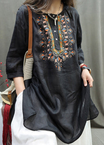 Retro Black O-Neck Embroidered Side Open Shirt Half Sleeve TR007 MZF-HTP240727