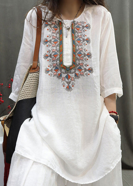 Retro Black O-Neck Embroidered Side Open Shirt Half Sleeve TR007 MZF-HTP240727