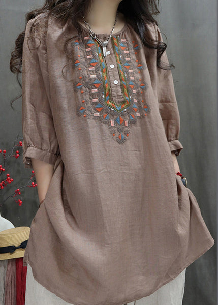 Retro Black O-Neck Embroidered Side Open Shirt Half Sleeve TR007 MZF-HTP240727