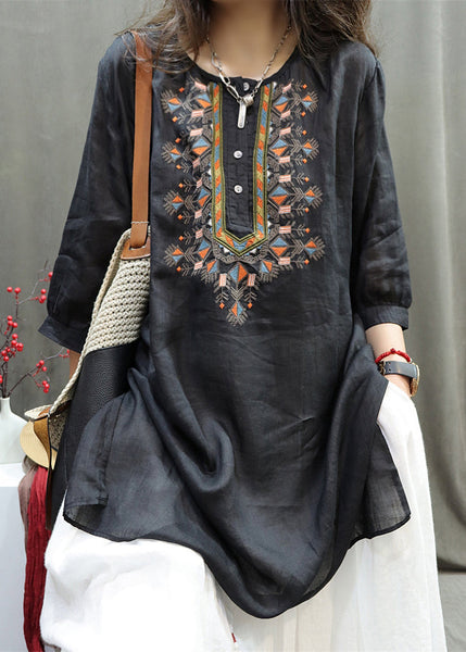 Retro Black O-Neck Embroidered Side Open Shirt Half Sleeve TR007 MZF-HTP240727