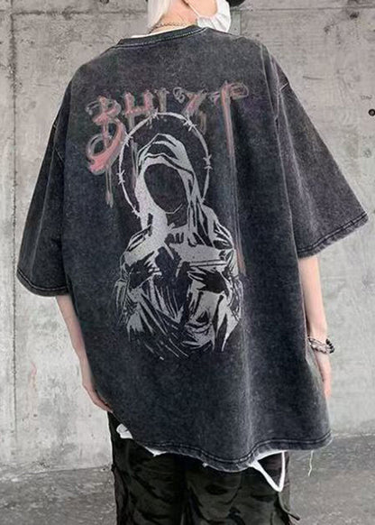Retro Cotton Shirts Black O-Neck T Print Summer Mens FashionChic
