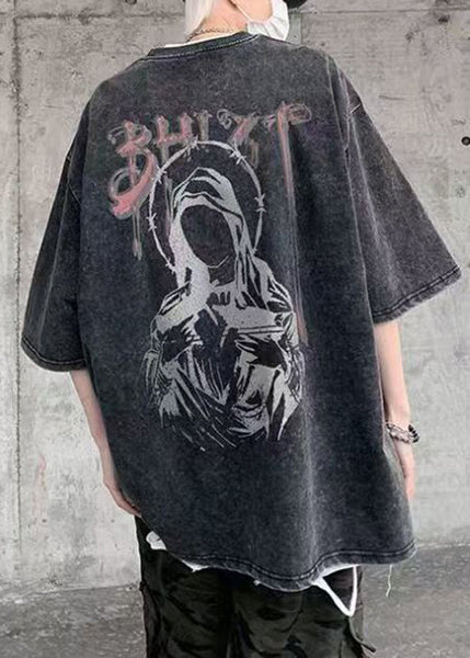 Retro Cotton Shirts Black O-Neck T Print Summer Mens FashionChic