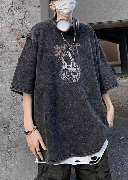 Retro Cotton Shirts Black O-Neck T Print Summer Mens FashionChic