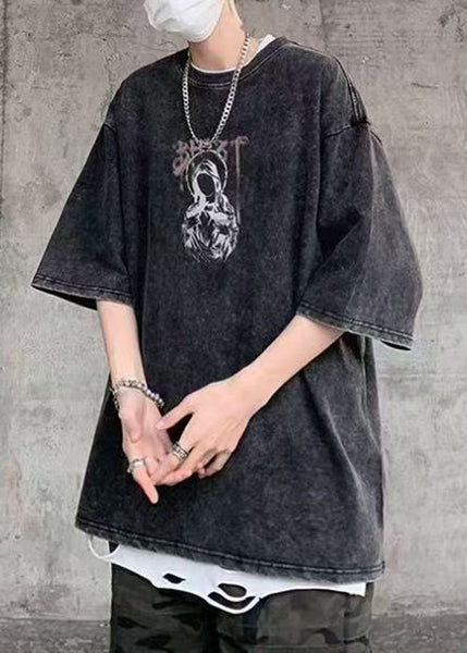 Retro Cotton Shirts Black O-Neck T Print Summer Mens FashionChic