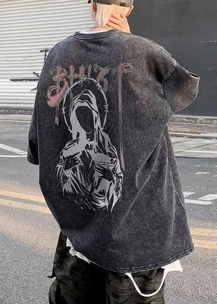 Retro Cotton Shirts Black O-Neck T Print Summer Mens FashionChic