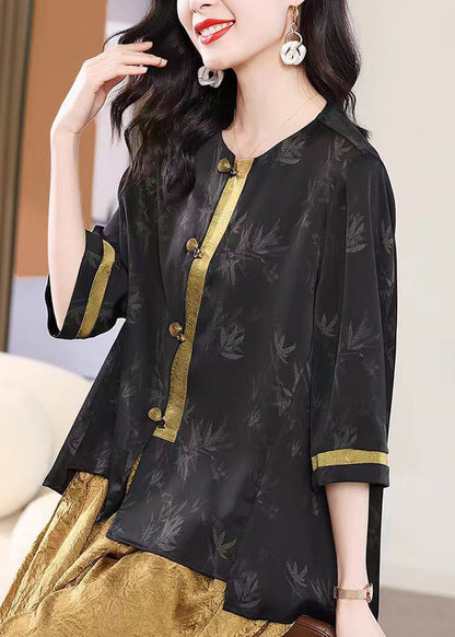 Retro Black O Neck Print Loose Silk Shirt Top Fall WP057 NZ-HTP241107