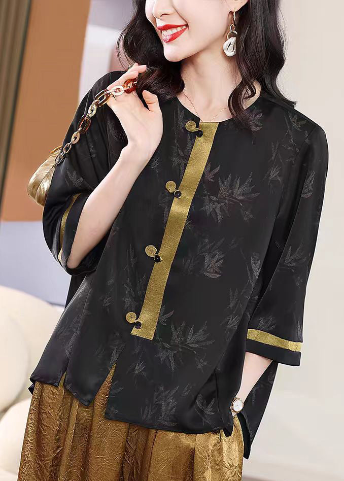 Retro Black O Neck Print Loose Silk Shirt Top Fall WP057 NZ-HTP241107