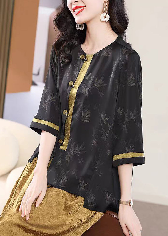 Retro Black O Neck Print Loose Silk Shirt Top Fall WP057 NZ-HTP241107