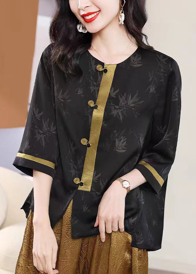 Retro Black O Neck Print Loose Silk Shirt Top Fall WP057 NZ-HTP241107