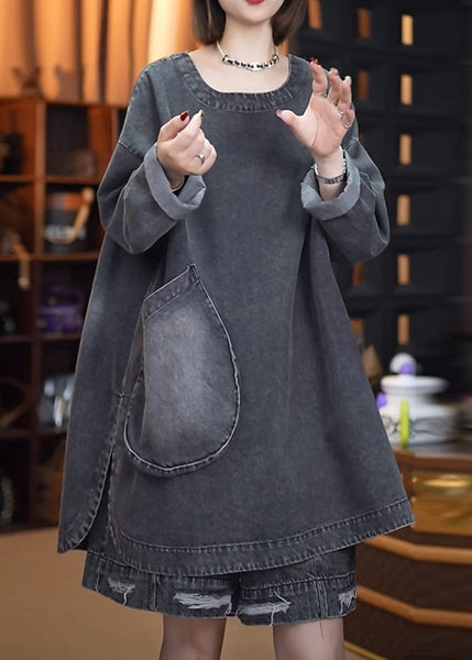 Retro Denim Open Black Side Tops Fall Patchwork FashionChic