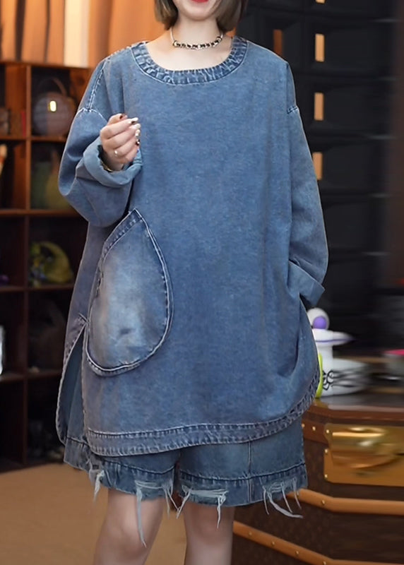 Retro Denim Open Black Side Tops Fall Patchwork FashionChic