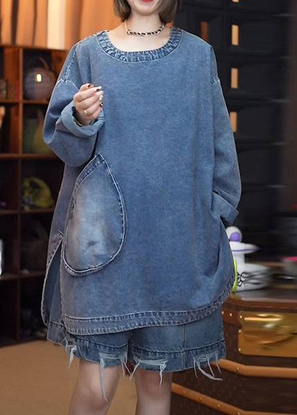 Retro Denim Open Black Side Tops Fall Patchwork FashionChic