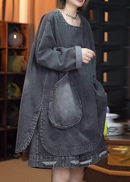 Retro Denim Open Black Side Tops Fall Patchwork FashionChic