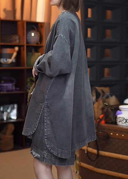 Retro Denim Open Black Side Tops Fall Patchwork FashionChic