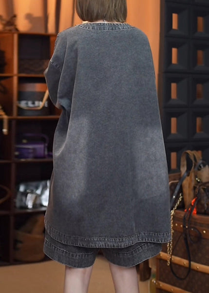 Retro Denim Open Black Side Tops Fall Patchwork FashionChic