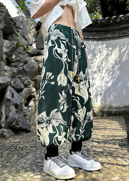 Retro Black Pockets Print Ice Silk Beam Pants Men Apparel Summer YT034 Men-Silk-MENP240721