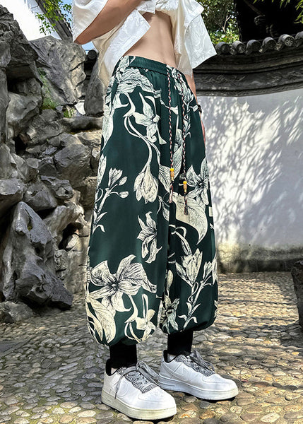 Retro Black Pockets Print Ice Silk Beam Pants Men Apparel Summer YT034 Men-Silk-MENP240721