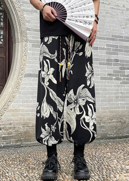 Retro Black Pockets Print Ice Silk Beam Pants Men Apparel Summer YT034 Men-Silk-MENP240721