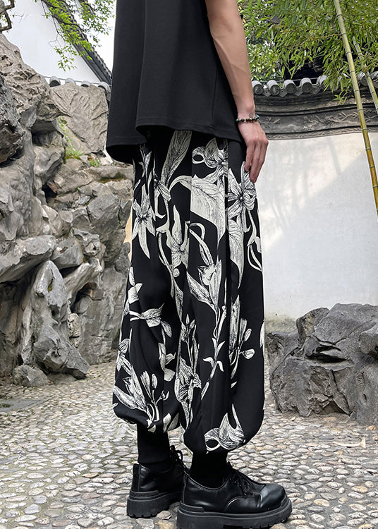 Retro Black Pockets Print Ice Silk Beam Pants Men Apparel Summer YT034 Men-Silk-MENP240721