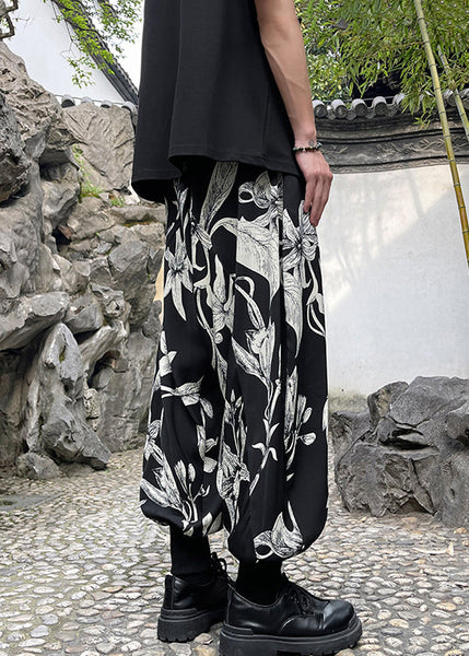 Retro Black Pockets Print Ice Silk Beam Pants Men Apparel Summer YT034 Men-Silk-MENP240721