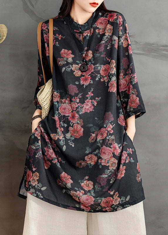 Stand Retro Linen Side Open Print Shirts Black Collar Dress FashionChic